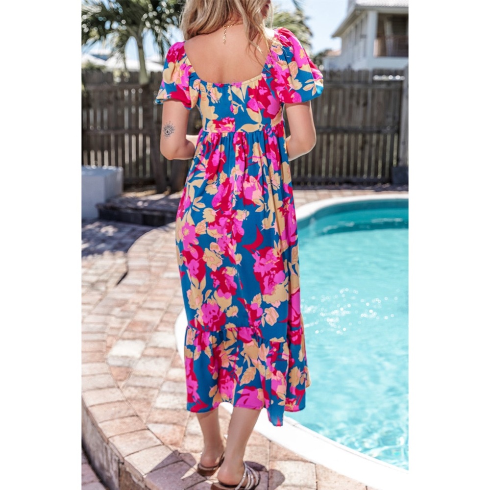 CLEARANCE! Blue Floral Bubble Sleeve Flowy Back Zip Square Neck Midi Dress! - Picture 5 of 11